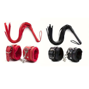 Plush Lined PU Leather Adjustable Handcuffs & Fringe Whip