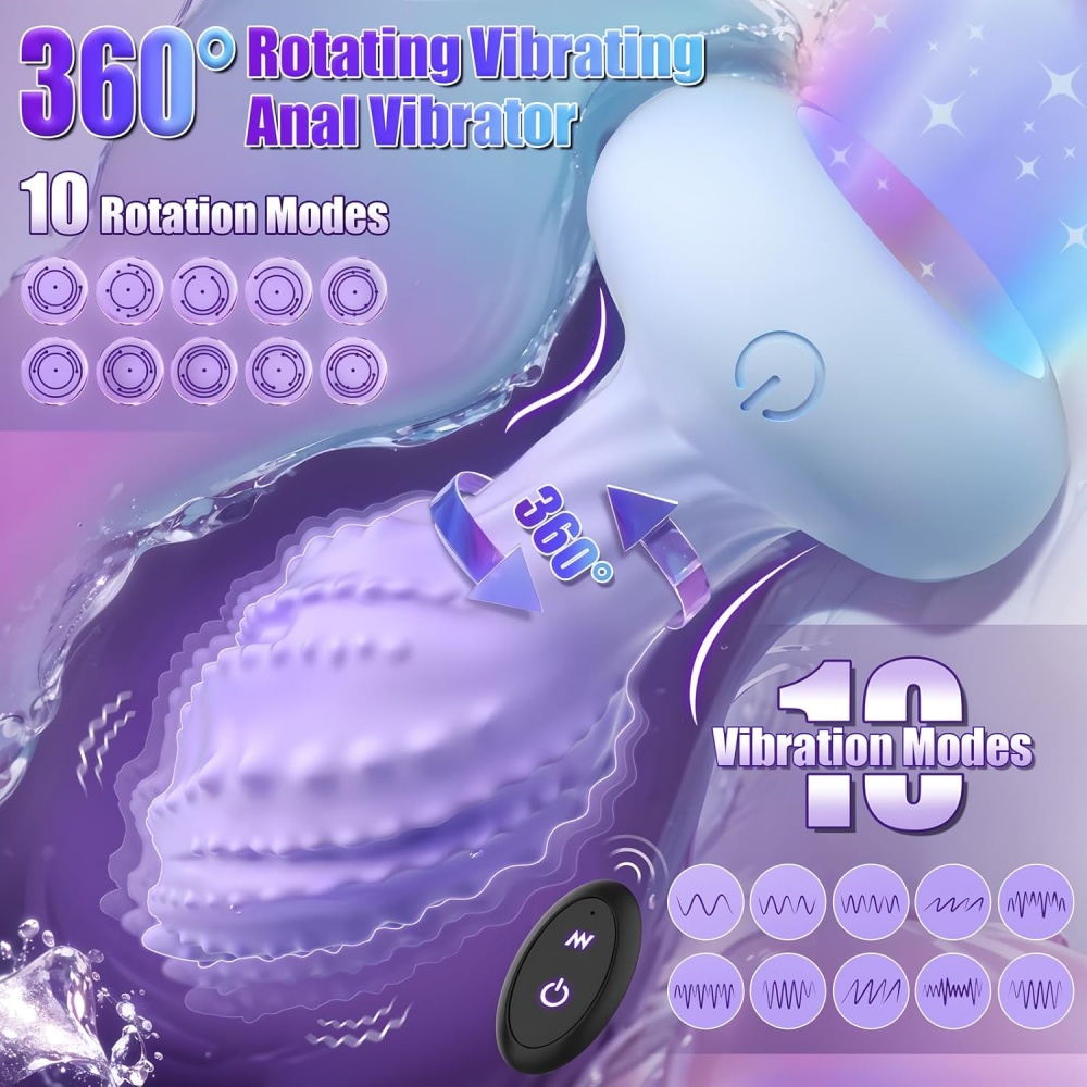 Rechargeable 10-Mode Remote Control Rotating & Vibrating Anal Plug with Light